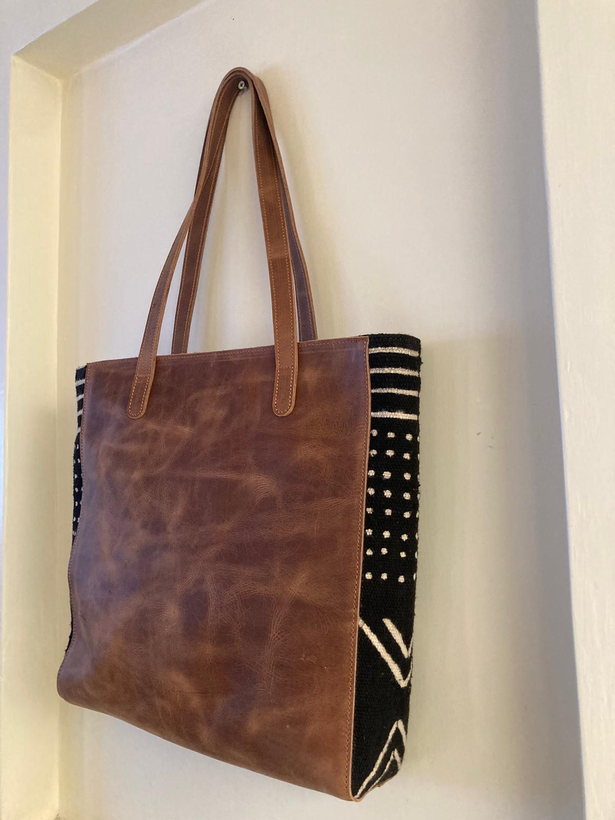 Borsa con Pannelli Laterali in Pelle e Tessuto artigianale africano | Borsa Side